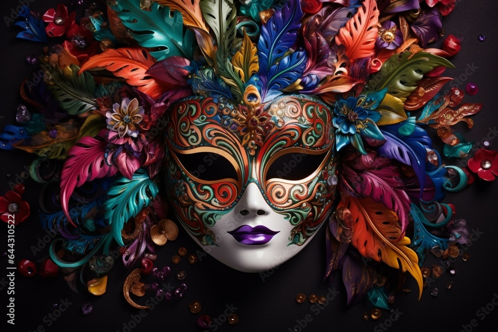Colorful carnival mask adorned with festive decorations, resembling Venetian and Brazilian traditions.Backdrop: Mardi Gras. Generative AI