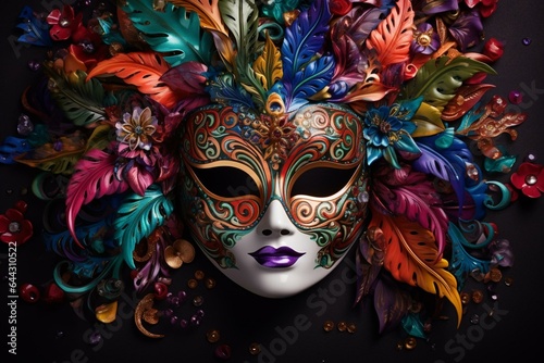 Colorful carnival mask adorned with festive decorations, resembling Venetian and Brazilian traditions.Backdrop: Mardi Gras. Generative AI
