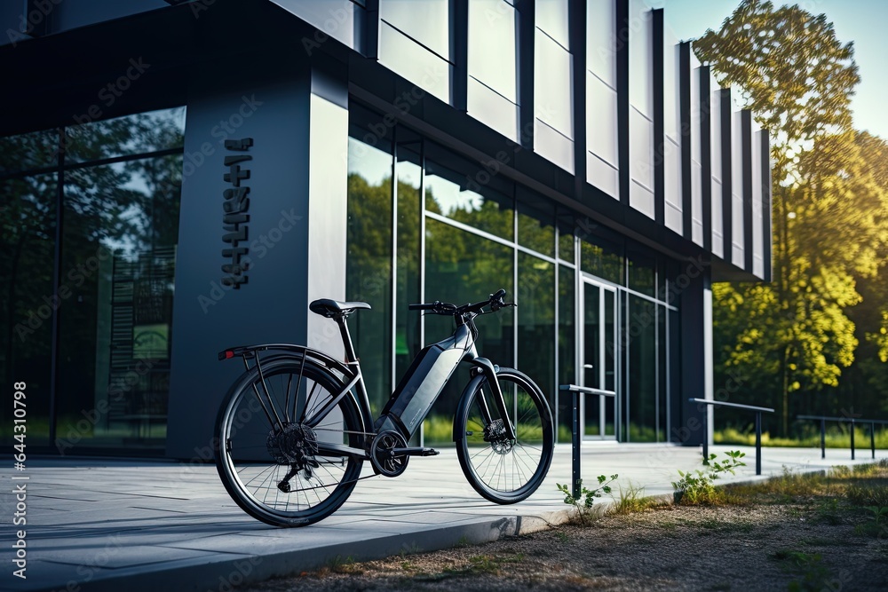 Modern electric white bicycle in front of the modern office glass building on sunny autumn day Modern electric white bicycle in front of the modern office glass building on sunny autumn day