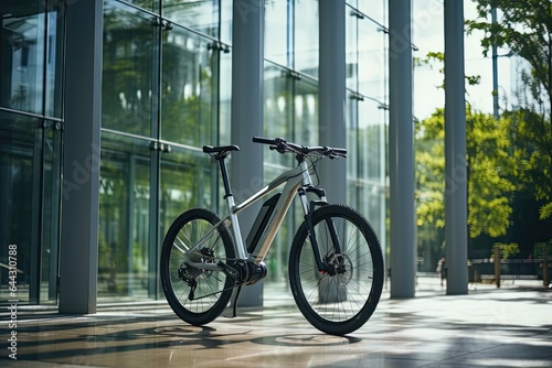 Modern electric white bicycle in front of the modern office glass building on sunny autumn day
