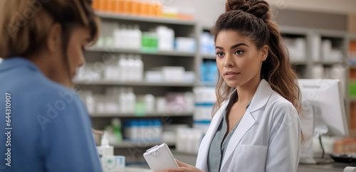 Pharmacist talks with concerned customer about medication in a pharmacy.
