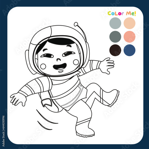 Color me by these colours: an astronaut boy floating. Coloring the astronaut and planets. Coloring activity for preschool and kindergarten children.