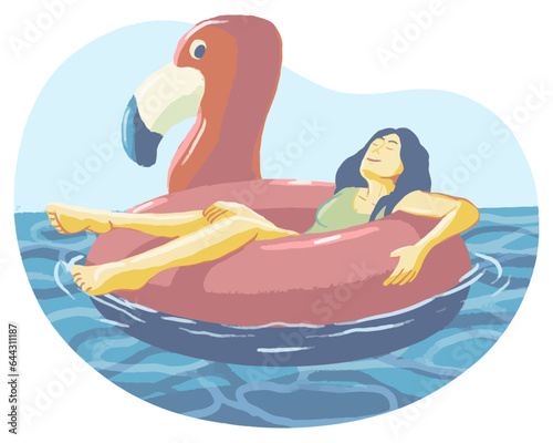 Woman Relaxing in Flamingo Float