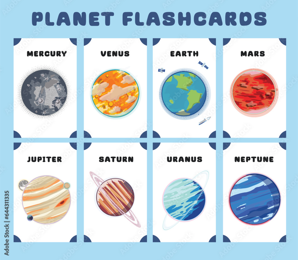 Set of planets flashcards for kids learning about planets, Mercury, Venus, Earth, Mars, Jupiter, Saturn, Uranus, Neptune. Vector illustration of solar system planets. Printable vector file. 