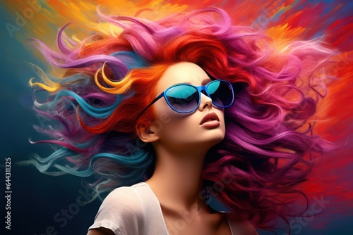 Beautiful Young woman with colorful long curly hair, bright rainbow colors