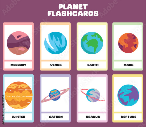 Set of planets flashcards for kids learning about planets, Mercury, Venus, Earth, Mars, Jupiter, Saturn, Uranus, Neptune. Vector illustration of solar system planets. Printable vector file. 