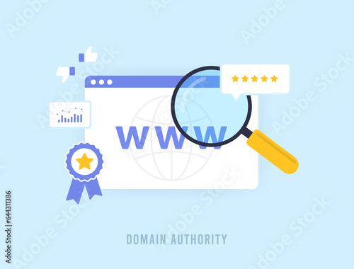 Domain Authority in SEO concept. Authority, Relevance and Trustworthiness in Aged Web Domains with Quality Backlinks. Vector illustration isolated on blue background with icons