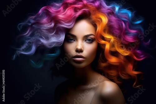 Beautiful Young woman with colorful long curly hair  bright rainbow colors