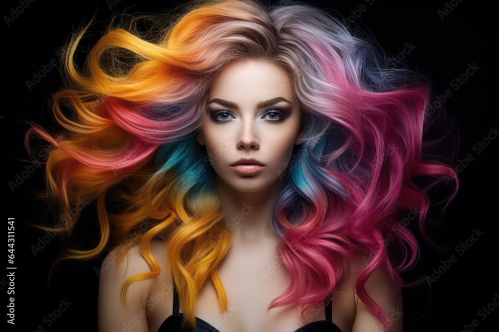 Beautiful Young woman with colorful long curly hair, bright rainbow colors