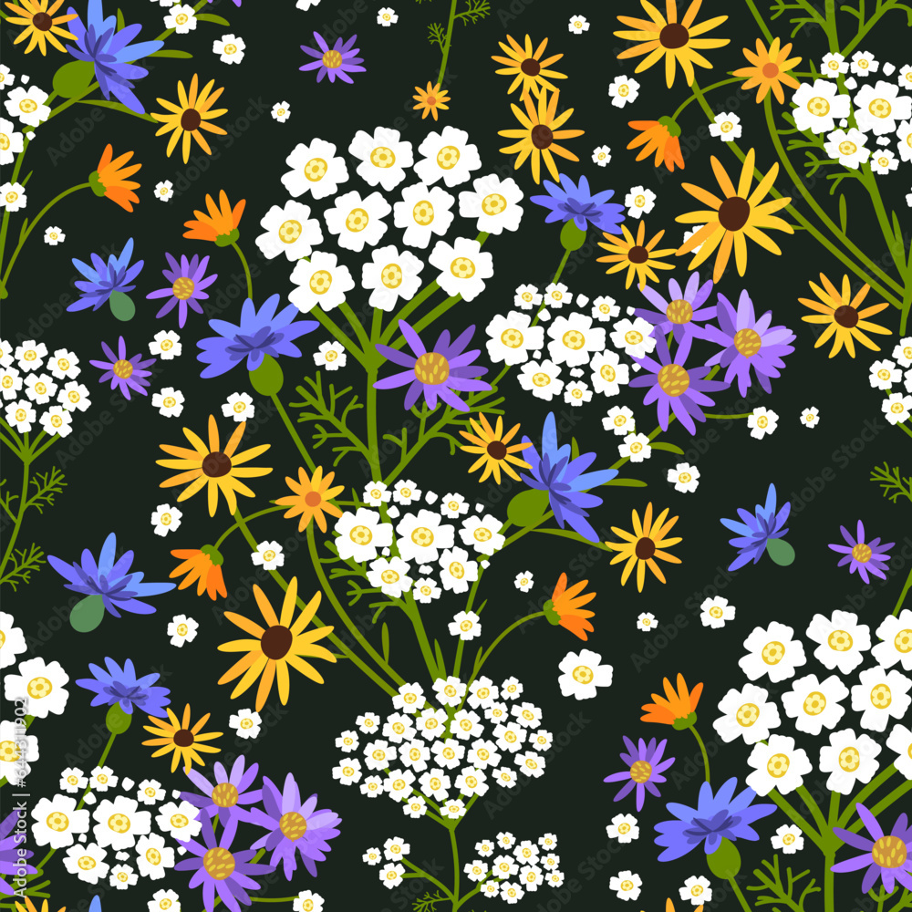 Vector seamless floral pattern. Wildflowers on a dark background. Vector seamless floral pattern. Wildflowers on a dark background.