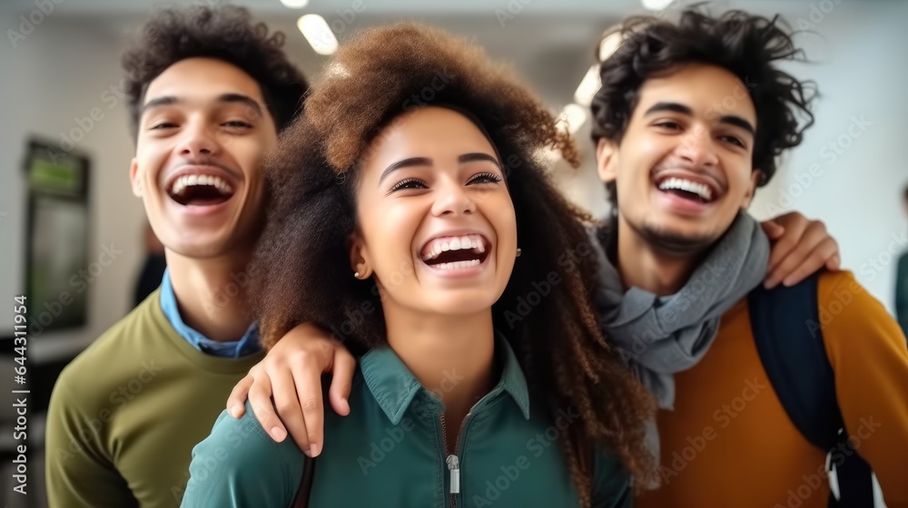 Excited united diverse friends laughing and embracing in college classroom.