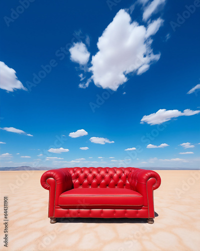 luxury minimalist red sofa at the desert field  blue bright sky  create using generative AI tools