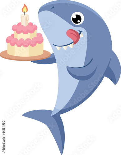 Shark party birthday character with cake. Holiday mascot