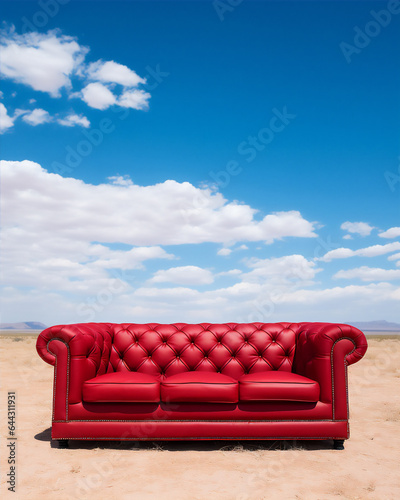 luxury minimalist red sofa at the desert field, blue bright sky, create using generative AI tools © Maizal