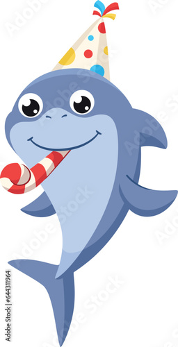 Party shark character. Cartoon underwater ocean animal
