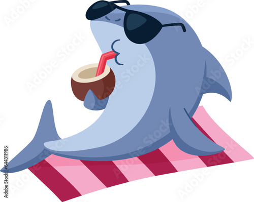 Funny shark on resort beach. Summer cartoon mascot