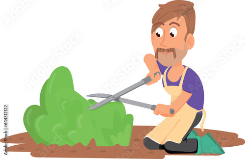 Gardener trim bush. Cartoon farmer cutting greenery