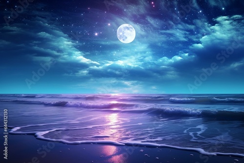 Bright full moon rises above calm ocean, creating sparkles on waves. Generative AI