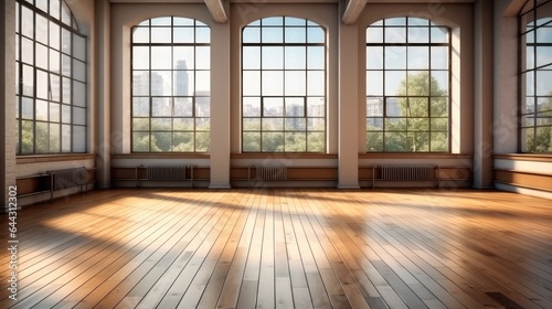 Empty loft interior room with wooden floor.