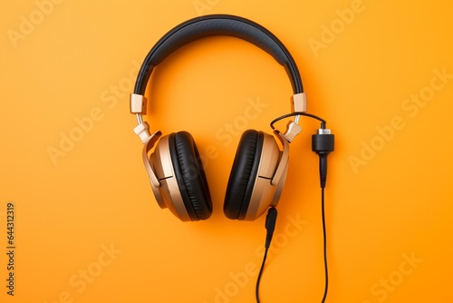 Overhead view of headphones and recording microphone on orange background. Generative AI