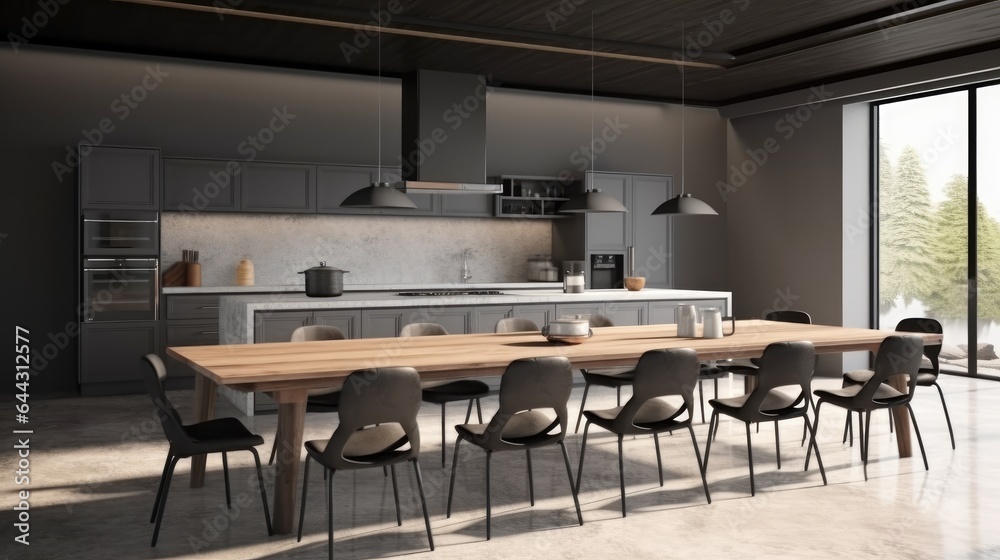 Modern kitchen corner with island and dining table.