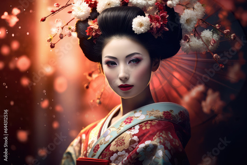 a geisha woman dressed up in national costume