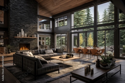 Luxury Residential Spacious Family Room with Grey Couches, Burning Fireplace and Nature Forest Views in Fall © Bryan