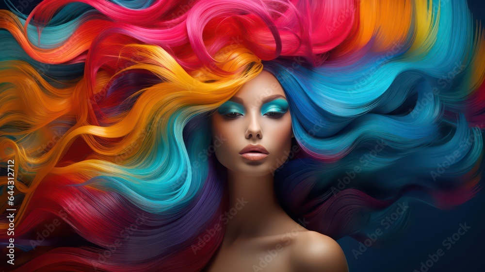 Beautiful Young woman with colorful long curly hair, bright rainbow colors