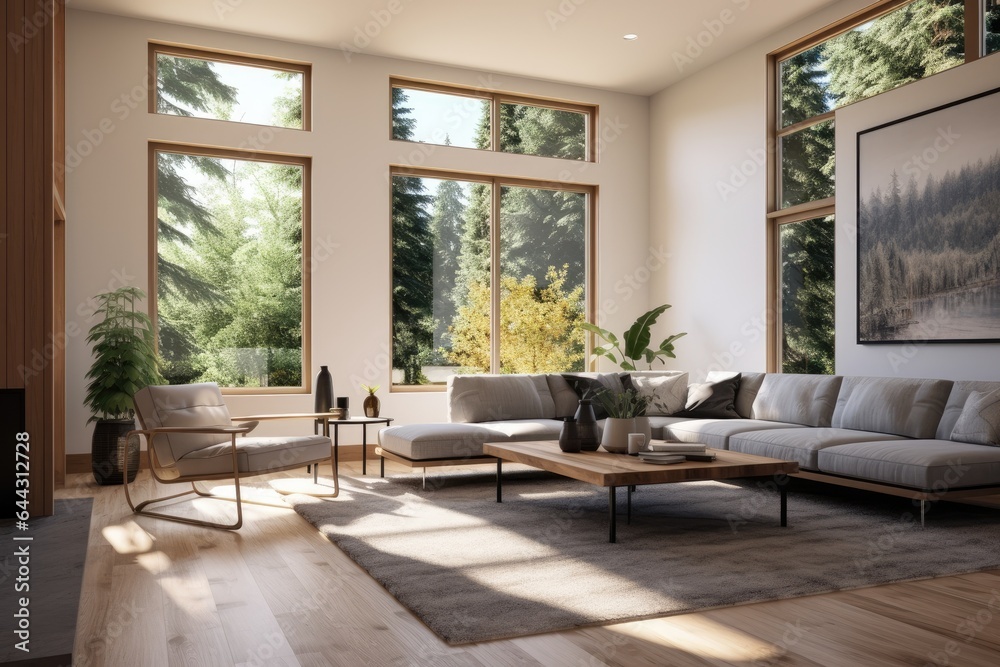 Fototapeta premium White Modern Clean Living Room Apartment Interior with Wall Art and Grey Couch and Wood Coffee Table in Fall