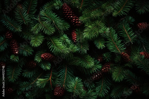 Texture of wall decorated with garlands and green pine fir branches  Christmas decorations background