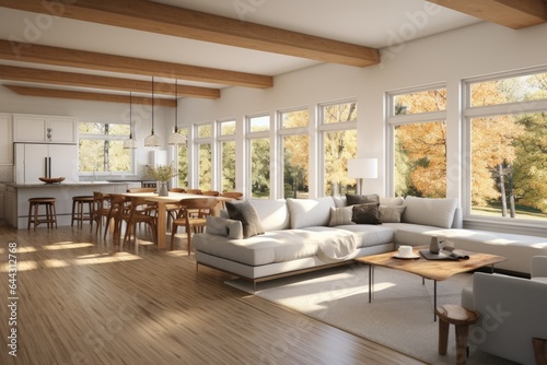 Sustainable White Living Room and Dining Space with Hardwood Floors and Wood Beams and Fall Views