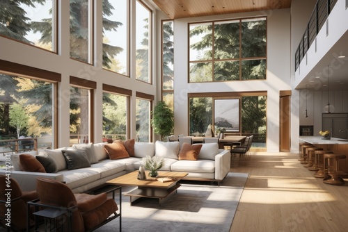 Earth Modern Living Room with White Linen Couch and High Ceilings with Nature Forest Views © Bryan