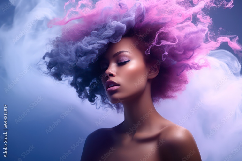 beautiful woman portrait with pink liquid paint flowing. Artistic abstract background, Fashion Portrait with Purple Smoke, African woman model with colorful curly hair