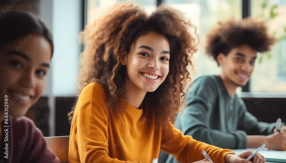 Happy black female student studying in classroom at university, Group mates sitting nearby. Happy black female student studying in classroom at university, Group mates sitting nearby.