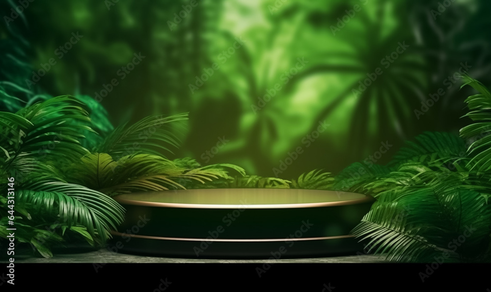 podium in Natural green background for Empty show for packaging product presentation podium in Natural green background for Empty show for packaging product presentation