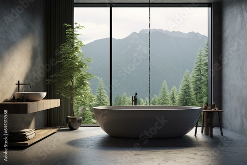 Contemporary bathroom with concrete floor, oval tub, shower, plant, mountain view. Minimalist, modern. 3D rendering. Generative AI © Rhea