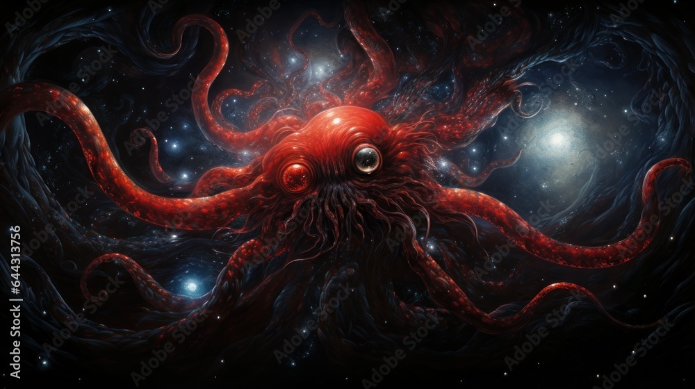 space monster with tentacles - obrazy, fototapety, plakaty 