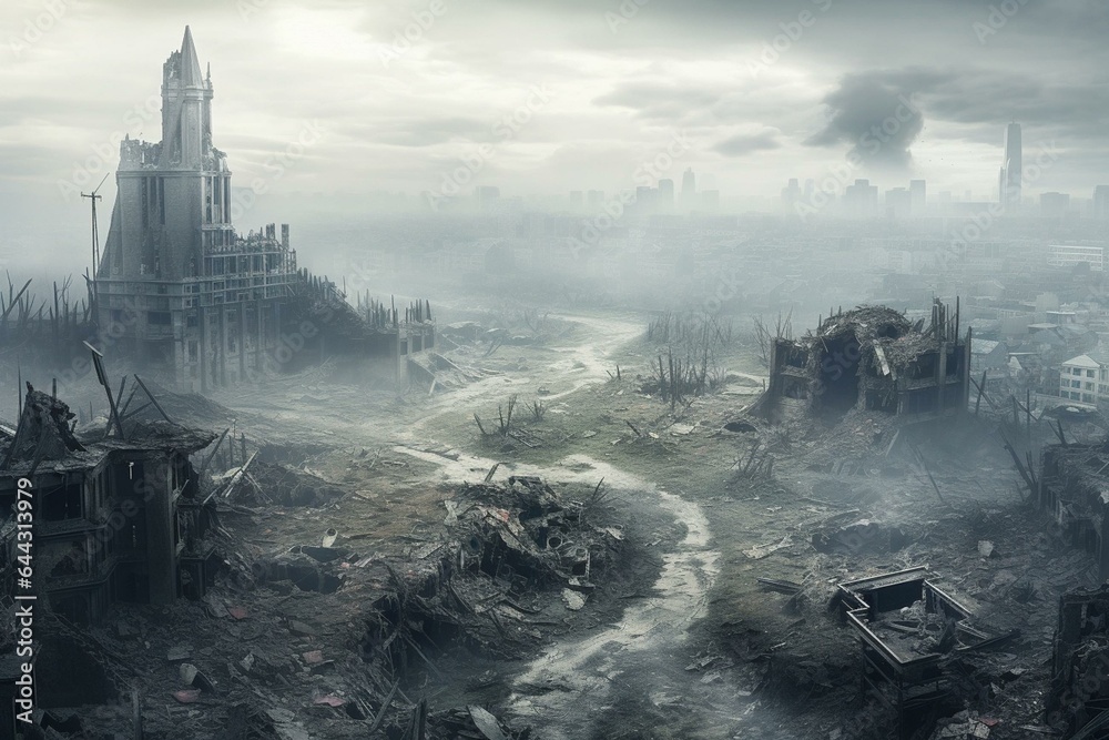 A destroyed city shrouded in mist, seen from above. Post-apocalyptic fantasy concept with a superior background. Generative AI