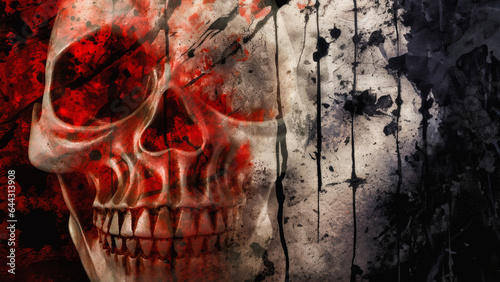 Halloween concept of double exposure of human skull and abstract bloody grunge spooky background