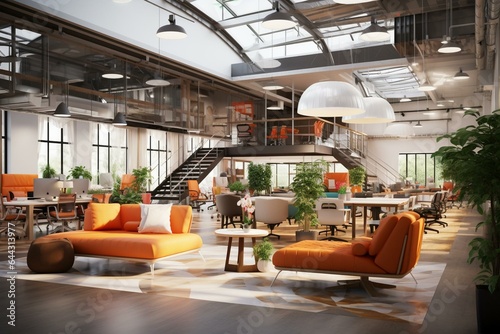 Vivid coworking space with furnished interior and modern equipment, presented through 3D rendering. Generative AI