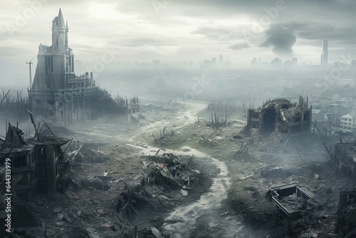 A destroyed city shrouded in mist, seen from above. Post-apocalyptic fantasy concept with a superior background. Generative AI