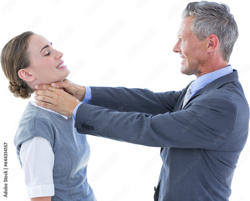 Digital png photo of caucasian businessman with hands on woman neck on transparent background Digital png photo of caucasian businessman with hands on woman neck on transparent background