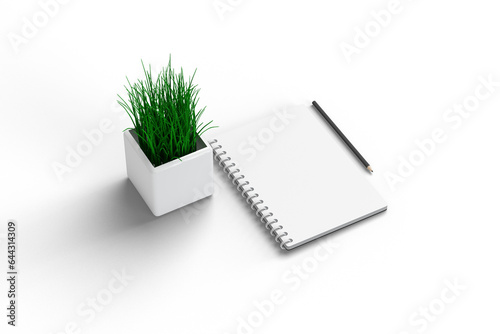 Notebook, pencil and vase of grass (ID: 644314309)
