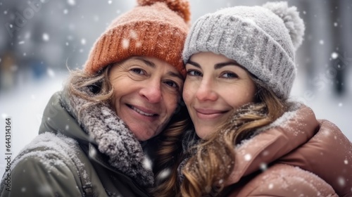 Lesbian couple wearing warm clothes on a winter day, Smiling happy, Cold winter atmosphere.