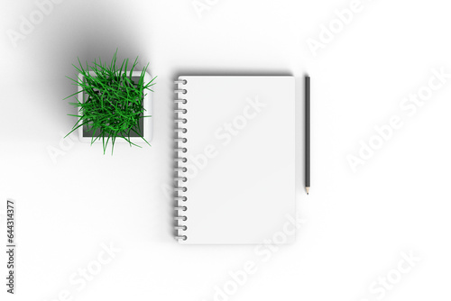 Notebook, pencil and vase of grass (ID: 644314377)