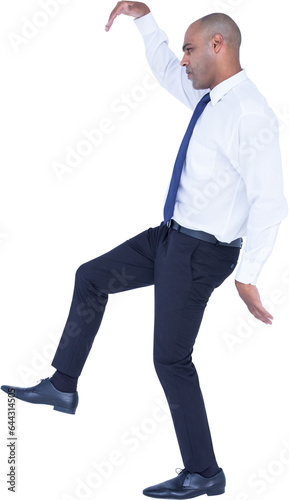 Digital png photo of focused biracial businessman practicing tai chi on transparent background