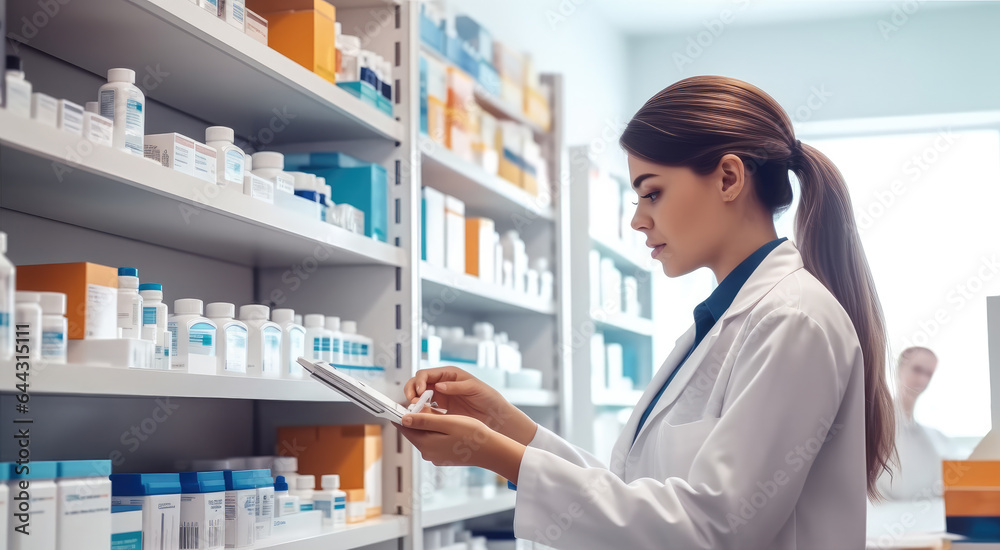 Pharmacist and woman reading product description at pharmacy inventory, Product or retail drugs.