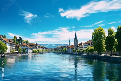 Scenic Zurich showcasing churches, river, and lake on a sunny Swiss summer day. Generative AI