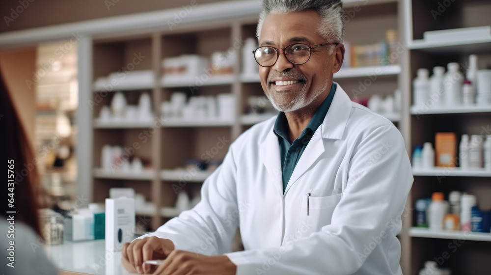 African male pharmacist gives advice on medication use to customers, Pharmacist, African doctor with box for pills, Retail drugs.