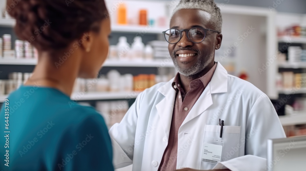 African male pharmacist gives advice on medication use to customers, Pharmacist, African doctor with box for pills, Retail drugs.